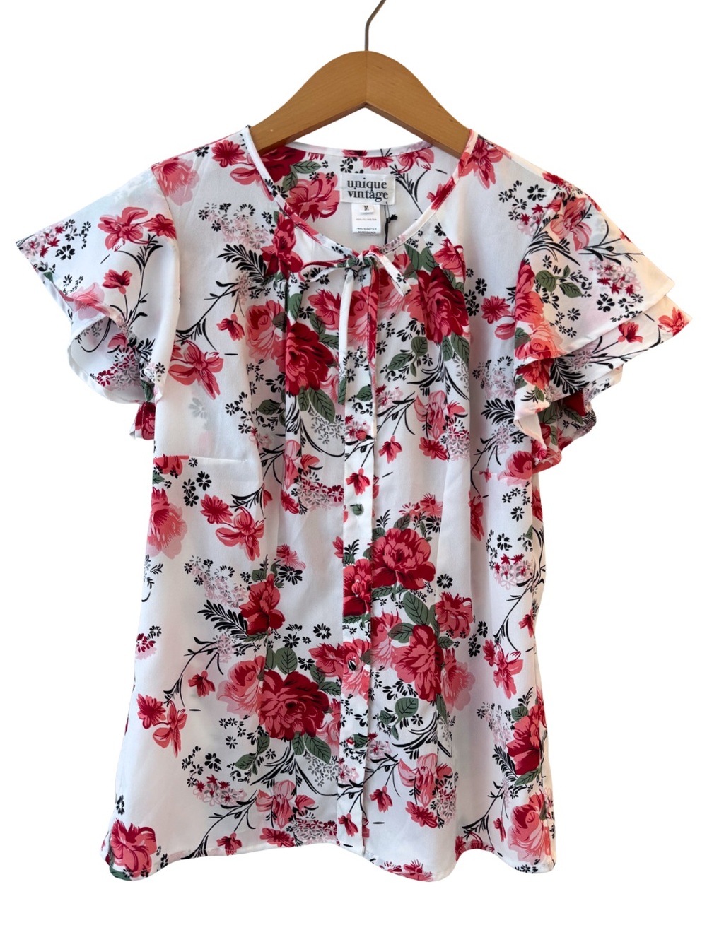 Unique Vintage Floral Flutter Sleeve Tie Neck Blouse NWT Medium
